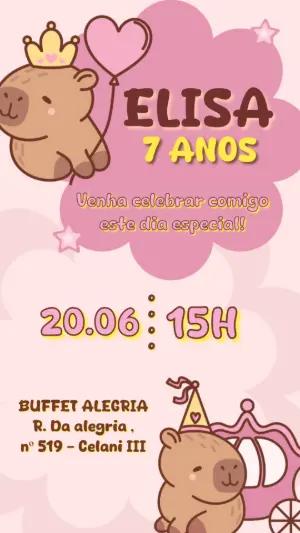 Convite de Aniversário Capivara Rosa para Editar