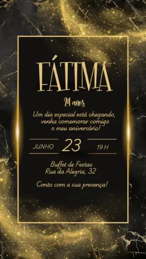 Convite Aniversário Dourado e Preto Elegante para Editar