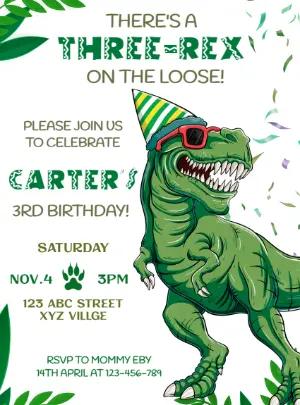 Three-Rex Dinosaur Birthday Invitation Editable Template