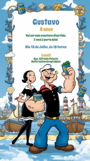 Convite de Aniversário Popeye e Olívia para Editar Online