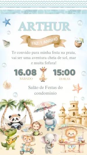 Convite de Aniversário Safari na Praia com Animais para Editar