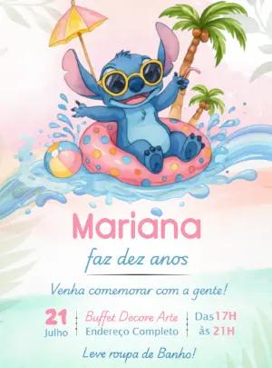 Convite de Aniversário Stitch Tropical Aquarela para Editar