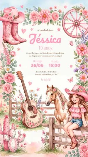 Convite de Aniversário Boiadeira Rosa Editável para Menina