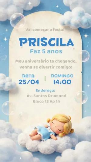 Convite de Aniversário Sonhos e Nuvens Editável para Menina