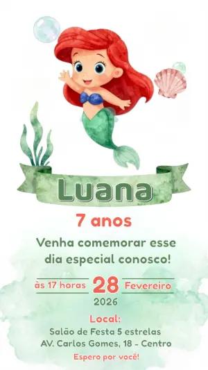 Convite Digital Sereia Ariel Fofa para Editar e Enviar