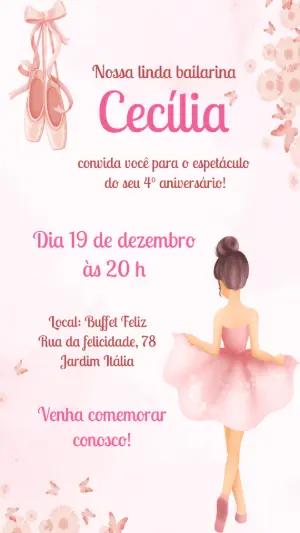 Convite de Aniversário Bailarina Rosa Delicado para Editar