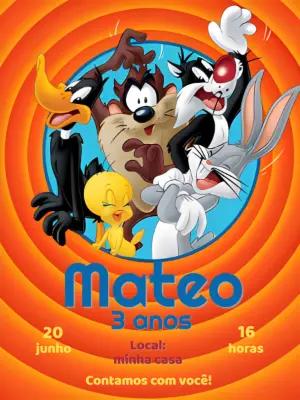 Convite de Aniversário Looney Tunes Colorido para Editar
