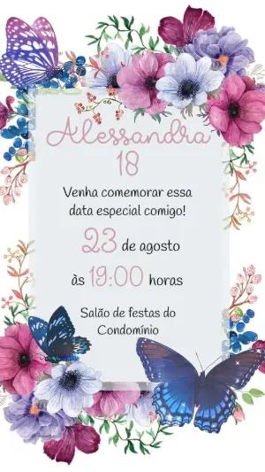 Convite de Aniversário Floral com Borboletas para Editar