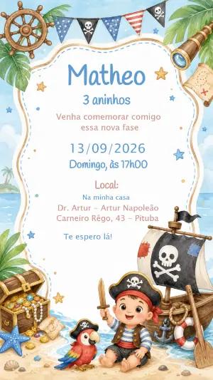 Convite de Aniversário Pirata em Aquarela para Editar