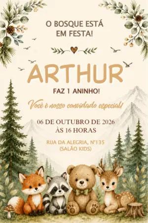 Convite Aniversário Bosque Aquarela Menino Editável Online
