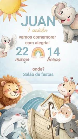 Convite de Aniversário Arca de Noé Fofo para Editar Online