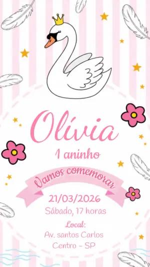 Convite Digital Aniversário Infantil Tema Cisne Rosa Editável
