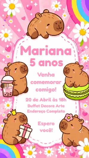 Convite de Aniversário Capivaras Fofas Rosa para Editar