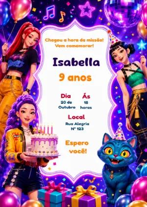 Convite de Aniversário Guerreiras K-pop Editável para Festa