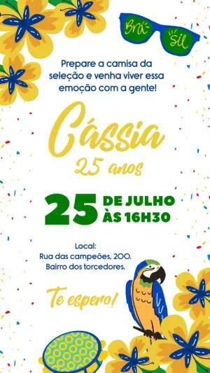 Convite de Aniversário Tema Brasil Copa Editável