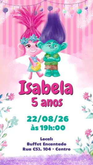 Convite de Aniversário Trolls: Modelo Digital Infantil para Editar