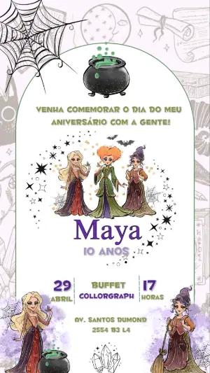 Convite Aniversário Bruxinha com Personagens para Editar Online