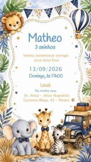 Convite Aniversário Safari Baby Aquarela para Editar Online
