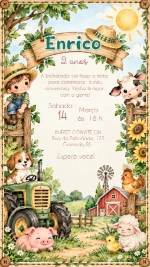 Convite de Aniversário Menino Fazendinha Aquarela para Editar
