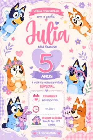Convite de Aniversário Bluey Rosa e Lilás para Editar