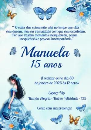 Convite de 15 anos Princesa Azul e Borboletas para editar online