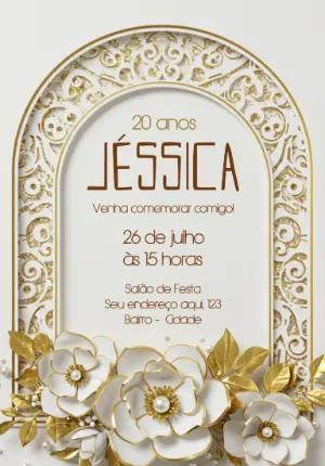 Convite de Aniversário Dourado e Branco Floral para Editar