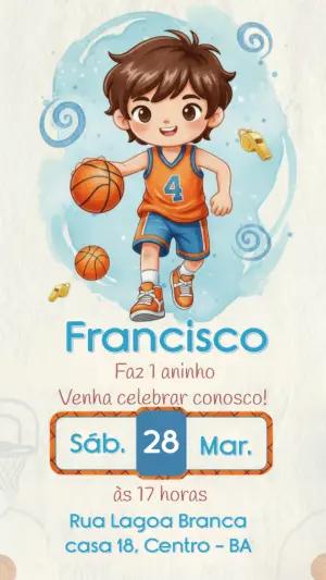 Convite de Aniversário Basquete Menino Aquarela Editável