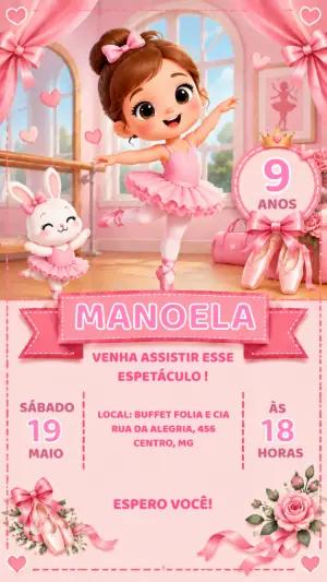 Convite de Aniversário Bailarina Rosa Editável Online