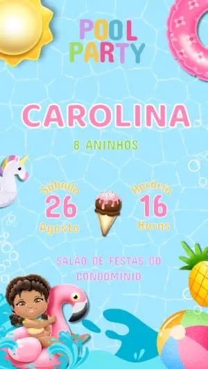 Convite Digital Pool Party Infantil Colorido para Editar