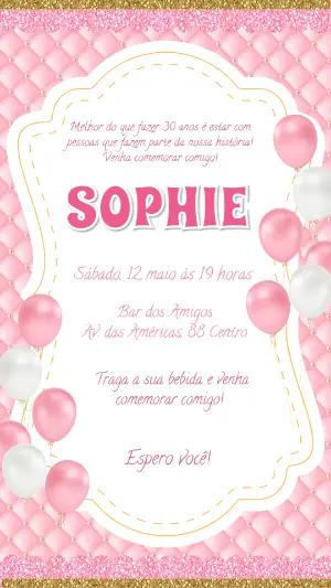 Convite de Aniversário 30 Anos Rosa e Dourado Glitter Editável