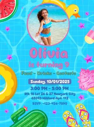 Editable Kids Pool Party Birthday Invitation Template