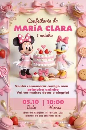 Convite de Aniversário Minnie Confeitaria Rosa para Editar