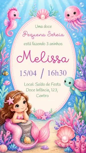 Convite de Aniversário Sereia Fofa para Editar e Enviar