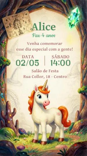 Convite de Aniversário Unicórnio na Floresta Mágica Editável