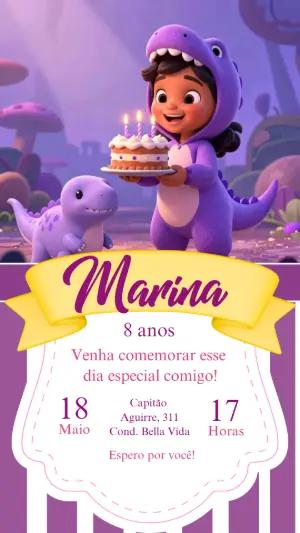 Convite de Aniversário Dinossauro Roxo Fofo para Editar