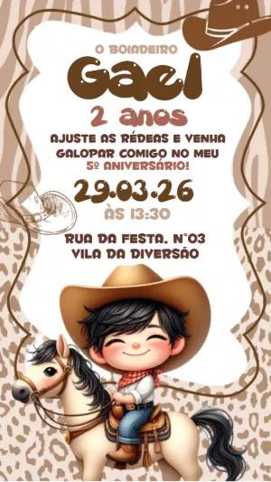 Convite Digital Infantil Tema Cowboy Boiadeiro Editável