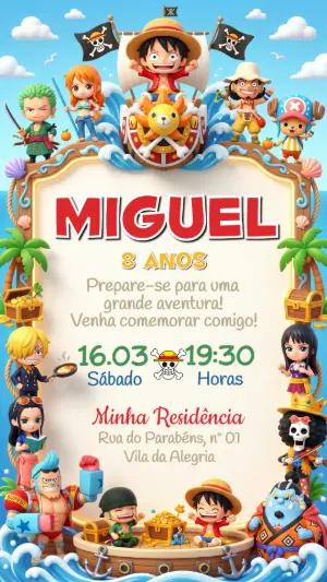 Convite de Aniversário One Piece Infantil para Editar