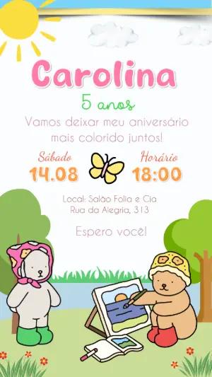 Convite Aniversário Ursinhos Pintando para Editar Online
