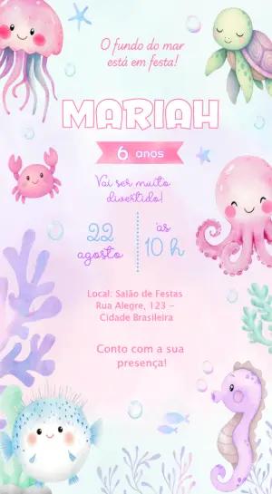 Convite Aniversário Infantil Fundo do Mar Aquarela Editável