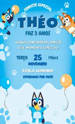 Convite de Aniversário Infantil Bluey e Bingo Modelo Editável
