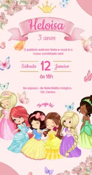 Convite de Aniversário Princesas Rosa para Editar Online