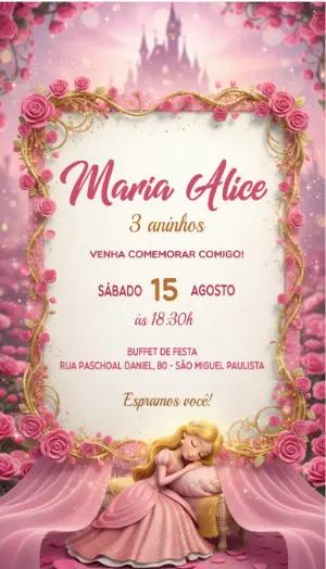 Convite de Aniversário Princesa Rosa e Dourado Modelo Editável