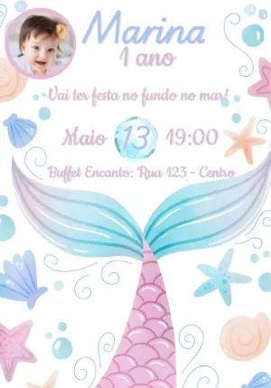Convite de Aniversário Sereia com Foto para Editar Online