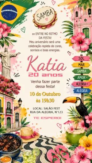 Convite de Aniversário Brasilidade Rosa para Editar