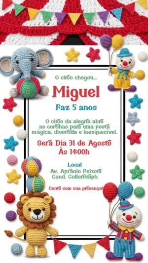 Convite Aniversário Circo Amigurumi para Editar Online