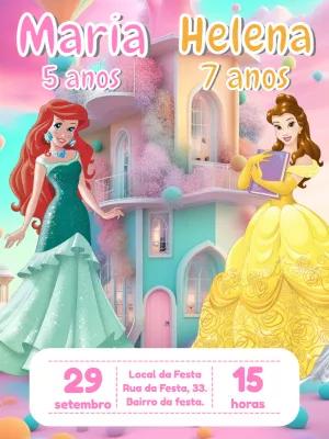 Convite Aniversário Duplo Princesas Bela e Ariel para Editar