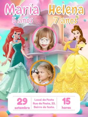 Convite Aniversário Duplo Bela e Ariel com Foto para Editar Online