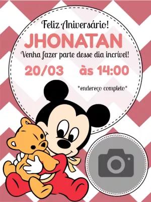 Convite Aniversário Mickey Baby com Foto para Editar Online