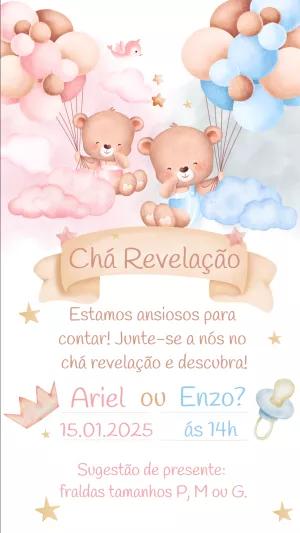 Convite Chá Revelação Ursinhos Fofos para Editar Online