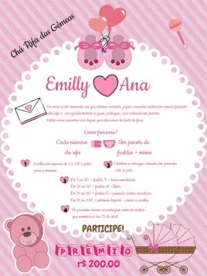 Convite Chá Rifa Gêmeas Rosa para Editar Online